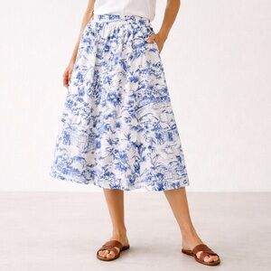 Joie 100% Linen Blue White Tropical Toile Midi Skirt Elastic Waist Size Large